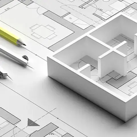 Architectural floor plan with a white 3D building model and drafting tools on a design workspace.